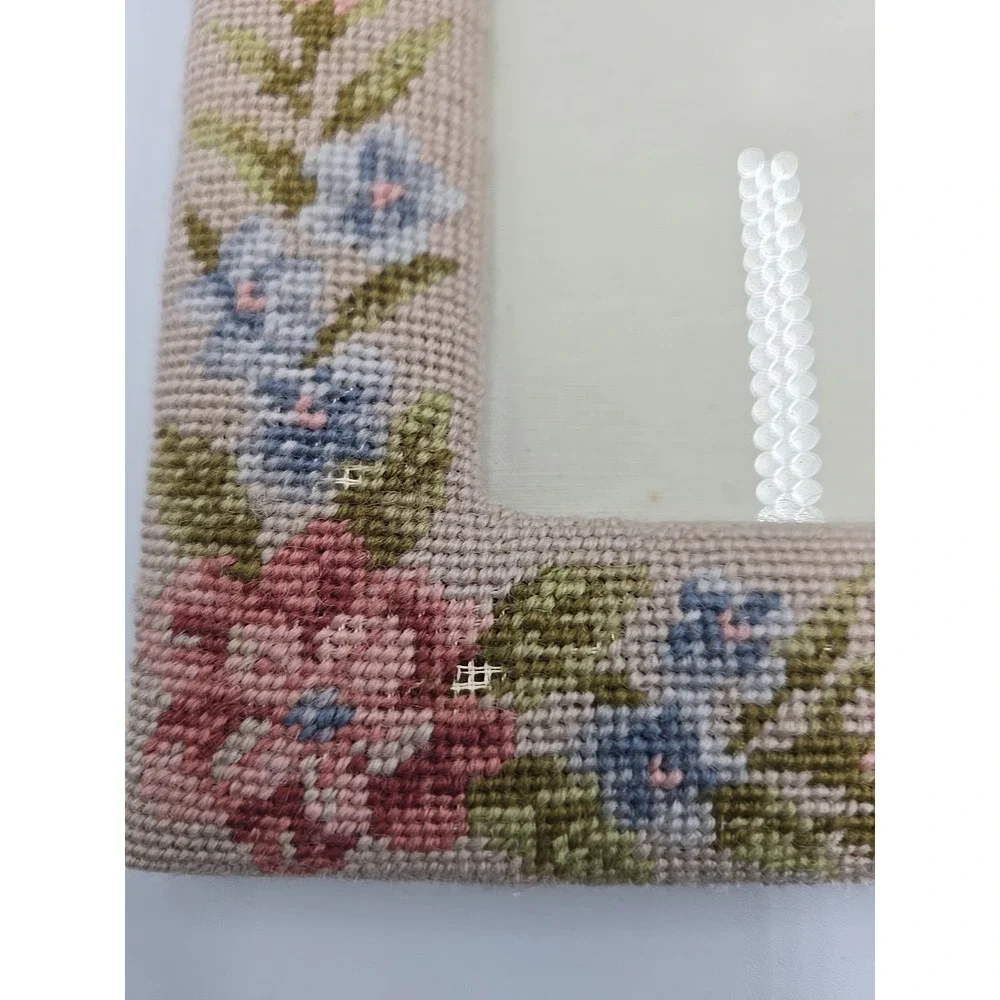 1991 Vintage Needlepoint‎ Embroidered Floral Wool Picture Frame Cottagecore